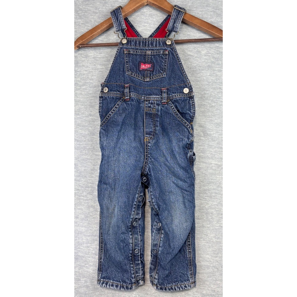 Old Navy Baby Toddler Denim Overalls Red Fleece Lined Blue Jeans 2T